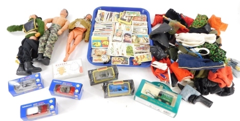 Various toys, games, trade and other cards, Rupert Bear, action figures to include, Action Man type soldier, 30cm high, boxed die cast vehicles, various other trade cards, etc. (a quantity)