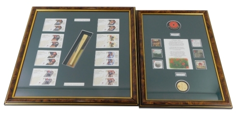 A cased London Olympics torch, with gold medal winner set for the Paralympics, 46cm x 46cm, and another framed presentation set for the Great War, 1916 with coins and stamps.