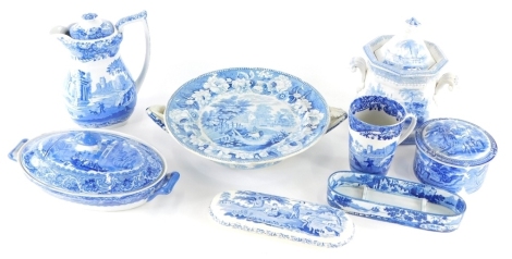 Various blue and white china, Copeland Spode's Italian coffee pot, printed marks beneath, 23cm high, cups, lidded jar, food warmer, etc. (a quantity)