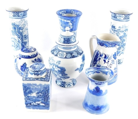 Various blue and white pottery, a pair of vases, H M & Co, inverted circular vase, transfer printed with scene and figures, 26cm high, etc. (a quantity)