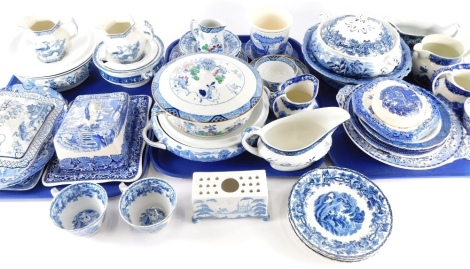 Various blue and white pottery, cheese dish, Booths British Scenery plates, 18cm diameter, sauce tureen, various other tureens, jugs, other blue and white pottery, flower brick, etc. (a quantity)