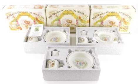 Various Wedgwood Beatrix Potter nursery sets, to include, Mrs Tiggy Winkle, etc. (3, boxed and unused) each box 32cm wide.