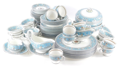 A Wedgwood Florentine pattern part dinner service, to include, dinner plates, 28cm diameter, gravy boat on stand, and other, pair of lidded tureens, oval serving dish, various bowls, soup bowls, cups, saucers, plates, etc., printed marks beneath. (a quant