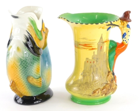 A Royal Winton majolica style fish glug jug, 24cm high, and a Burleigh Ware Pied Piper jug with shaped handle. (2 AF)