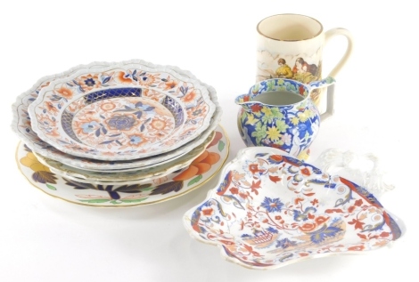 Various china and effects, a 19thC Pearlware B & Co jug, polychrome decorated with figures, 12cm high, unusual clover shaped dish number 2, other 19thC porcelain wall plates, etc. (a quantity)