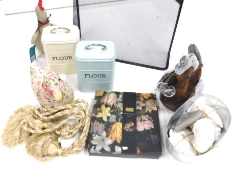 Various modern items, embroidered chicken, floral duck, tin flower box, 29cm high, mesh fire guard, etc. (a quantity)