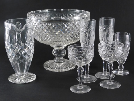 Various crystal cut glass, and other wares, etc., a large bowl with a repeat hobnail cut pattern, raised decoration, 23cm high, drinking glasses, jug, etc. (a quantity)