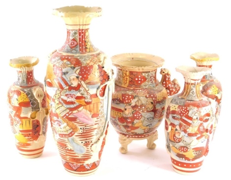 Various Japanese Satsuma pottery wares, shouldered vase, 39cm high, typically decorated with Samurai in red, orange and blue with moulded handles, various other items. (a quantity)