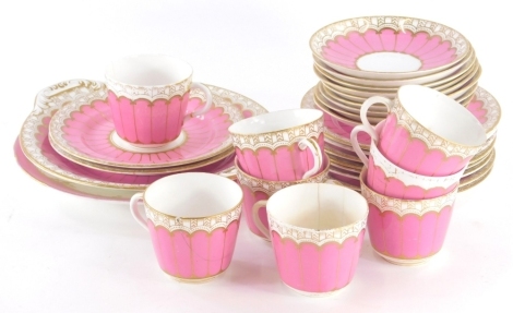 A 19thC porcelain tea service, to include serving plate, 27cm wide, cups, saucers, side plates, etc., in pink with gilt highlights, unmarked (a quantity)