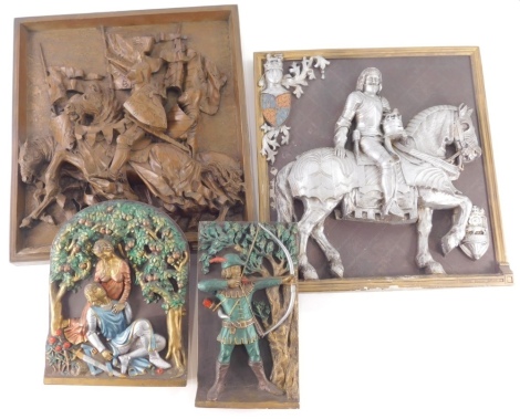 A Marcus Designs raised plaque, heraldic scene, figure on horseback, 28cm x 35cm and three others (4)