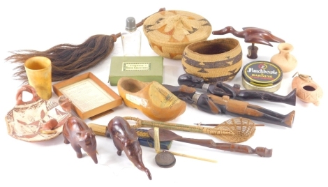 Various treen and effects, Dutch child's sabot, 17cm long, various wicker African tribal figures, etc. (a quantity).