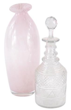 A 19thC decanter, of mallet shaped form with a repeat hobnail cut diamond pattern, 30cm high a Studio style pink glass vase. (2)