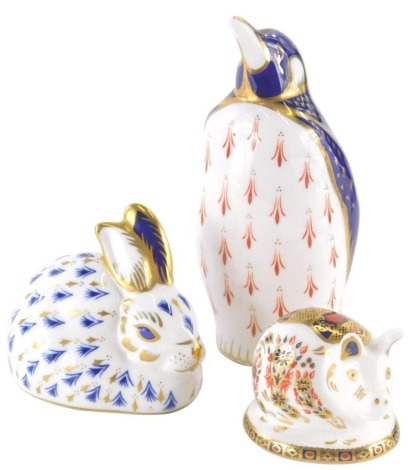 Various Royal Crown Derby paperweight ornaments, and others similar comprising penguin, unmarked, 14cm high, rabbit and piglet (3).