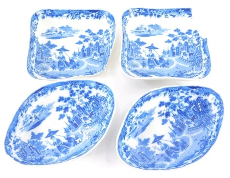 A 19thC Pearlware dish, of oval form, decorated with figure, building and flowers, 25cm wide, another and two further dishes (4, AF).