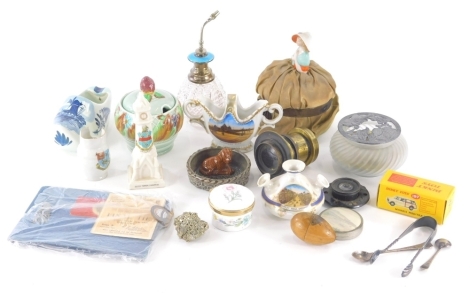 Various pottery and effects, Victorian shoulder doll, Delft clog, various cut glass and enamel perfume bottles, Loetz style glass bowl, crested china, modern Dinky toys, Chinese Morris Minor Traveller, Clarice Cliff preserve jar and cover, silver plated w