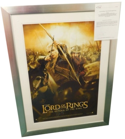 A Lord of the Rings Return of The King printed film poster, bearing signatures Orlando Bloom, Sir Ian McKellen, Peter Jackson, Sean Bean, various others, with certificate of authenticity, glazed, mounted and framed.