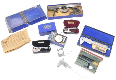 Various scientific instruments and effects, Mercer Dial Gauge, 22cm wide in box, various other geometry items, etc. (a quantity)