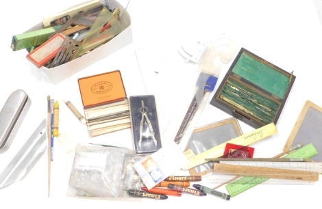 Various geometry items, pens, pencils, implements, etc. part rosewood cased geometry set, small G clamp etc. (a quantity).