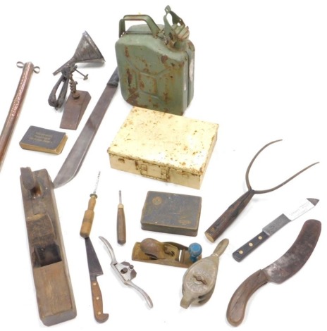 Various metalware, petrol can, 38cm high, large machete, funnel, etc. (a quantity).