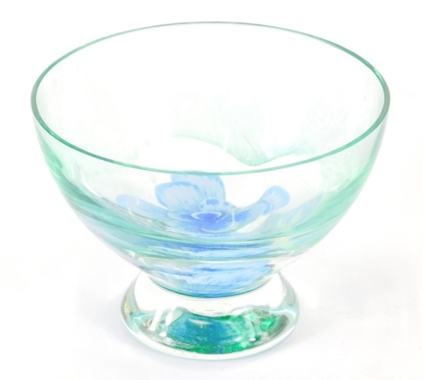 A studio style glass bowl, inset with a flower in green glass, unsigned, 13cm high, various black and white and coloured book plates, etc. (a quantity)