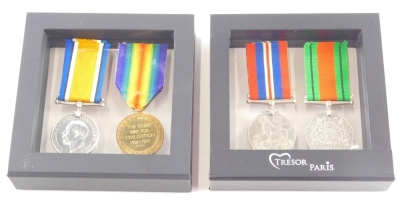 A cased set of World War I medals, Campaign and Victory medals, and another, World War II cased sets, the World War I medals believed to be marked PTE HT AMSLEY. (2 cases)