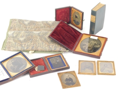 Various Victorian and later photographs on glass, to include lady 7cm x 6cm, a New Testament Bible, and a Liberty pouch decorated with peacock feather design.