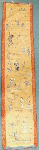 A 19thC Chinese silk wall hanging, shoulder robe set with various raised bullion style work figures of butterflies, further figures and plants on an imperial style yellow ground with red and bullion work border, approx 186cm x 44cm.