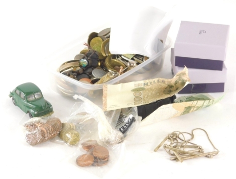 Various jewellery and effects, Pia jewellery, die cast vehicle, jet style and other bracelets, other items, bangles, pencil, various coins, used banknotes. (a quantity)