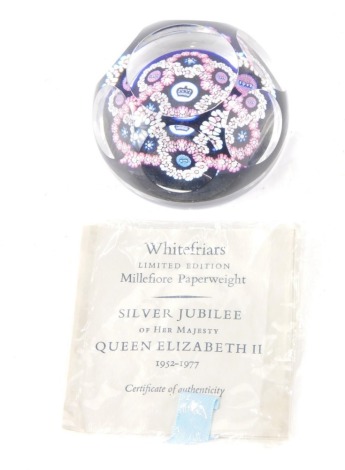 A Whitefriars limited edition Millefiori Silver Jubilee Paperweight, with certificates, 6cm high.