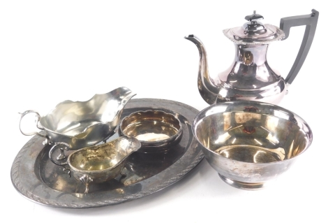 Various silver plated ware, a large gravy boat with ear handle on hoof feet, 13cm high, oval tray, B. Rogers Silver Co. dish, Paul Revere F. B. Rogers Silver Co. bowl and a coffee pot (a quantity).