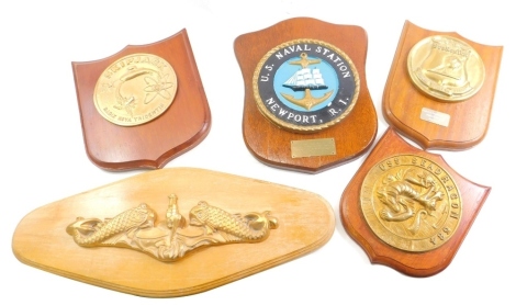 Various Naval and other wall plaques, to include Newport plaque on oak shield back, 34cm high and other Skipjack, etc. (a quantity)