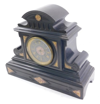 A late 19thC slate and marble mantel clock, in a shaped architectural case, with 12cm diameter, Roman Numeric dial, with marble spandrels, 8 day movement on a stepped base, 37cm high.