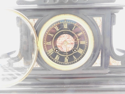 A late 19thC slate and marble mantel clock, in a shaped architectural case, with 12cm diameter, Roman Numeric dial, with marble spandrels, 8 day movement on a stepped base, 37cm high. - 2