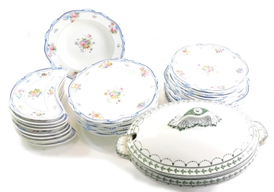 A Mintons Queen Anne marked part service, to include, soup bowls, 26cm wide, plates, side plates and crescent shaped dishes, decorated with flowers with a blue ground, marked beneath, and a further Mintons green transfer printed soup tureen. (a quantity)