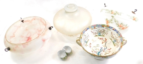 Various mid 20thC lamps, frosted glass pink and milk glass example, 27cm wide, another set with garlands, two handled vase, miniature open salt with anchor mark beneath, etc. (a quantity)