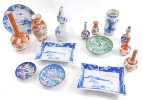 Various oriental porcelain, etc., a cloisonne enamel saucer, 12cm diameter, Imari vases, double gourd vase, Chinese vases, of small proportion, etc. (a quantity)