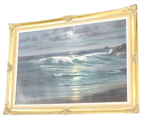 A.Beardsley (20thC). Twilight seascape, calm waves, oil on canvas, signed, 58cm x 92cm.