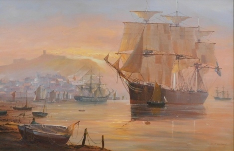 •Michael James Whitehand (b.1941). Masted ships in a coastal scene, oil on canvas, signed, 50cm x 75cm. NB We have specific vendor instructions to sell this lot without reserve.