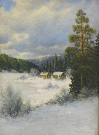 •20thC Continental School. Winter landscape with cottages, oil on board, indistinctly signed, 29cm x 21cm.