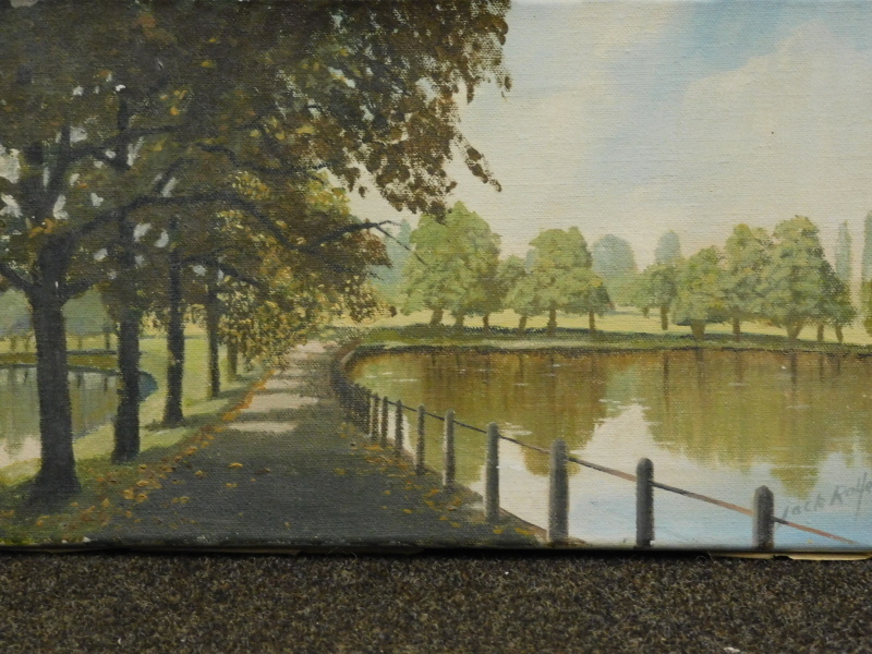 Jack Rolfe Infront •Jack Rolfe (1912-1999). Tree lined path and pond on a summers day ...