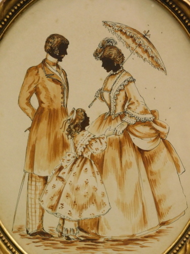 •Christine Silver (20thC). Family silhouette, mixed media, signed, 29cm x 33cm.