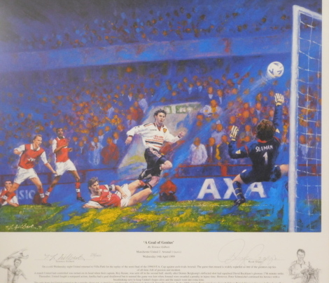 •Terence Gilbert (20thC). Treble collection, a celebration of Manchester United's Historic Treble Winning Season 1998/1999, A Goal of Genius, etc., artist signed limited edition print, signed Ryan Giggs, Last Dash for Glory, signed Ole Gunnar Solskjaer an