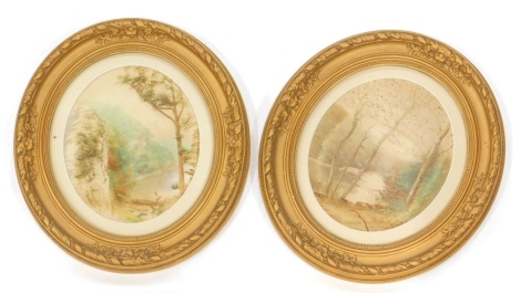 A pair of oval gilt frames, containing overpainted prints, 26cm x 21cm. (2)