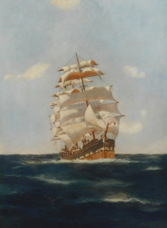 Belle Cornelius (fl.1915). Sailing ship on calm waters, oil on stiff canvas, signed, 76cm x 50cm.