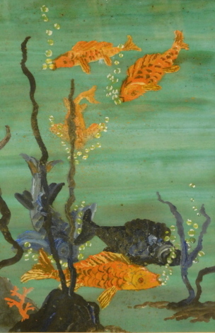 •20thC School. Fishes underwater, watercolour, monogram E, 54cm x 36cm.