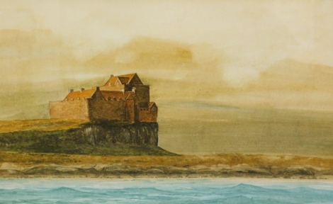 19thC English School. Seascape, calm waters before house on a cliff edge, watercolour, unsigned, 30cm x 51cm.