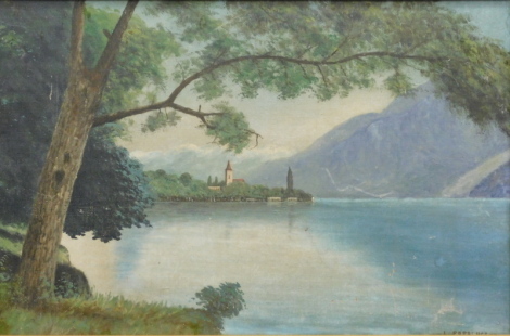 L. Papaluca. Continental lake scene, oil on board, signed, 36cm x 57cm.