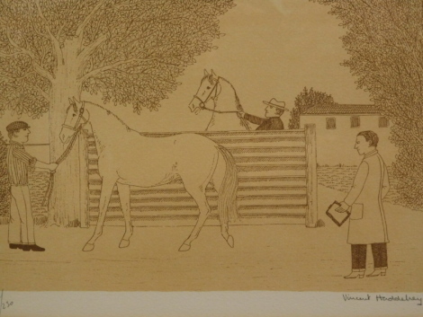 •Vincent Haddelsey (1934-2010). Vet, groom and racehorses, artist signed limited edition etching, 123/230, 20cm x 29cm.