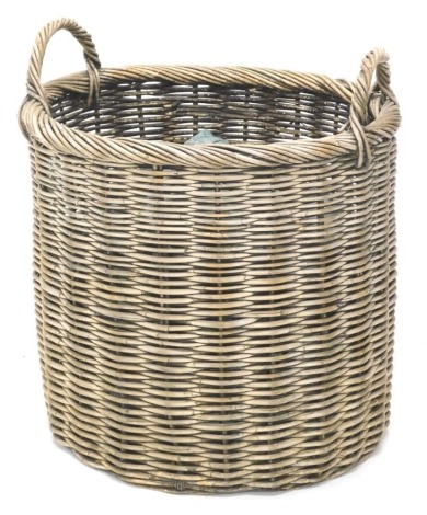 A two handled log basket and various seat covers, 47cm diameter.