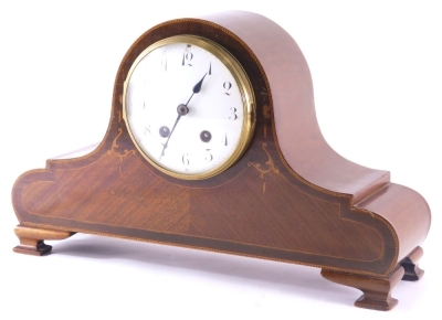 An Edwardian mahogany marquetry mantel clock, with chequer banded border, the French movement and dial 44cm wide.